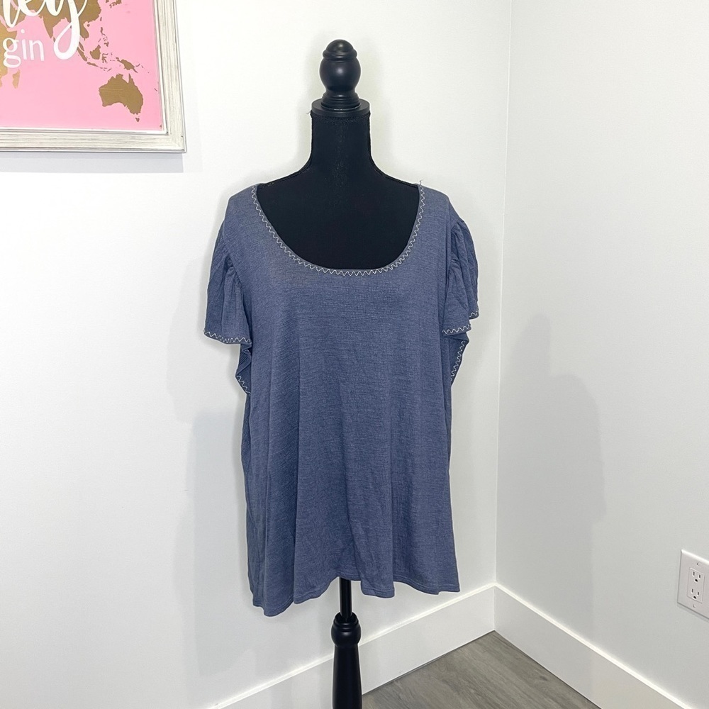 Max Studio Denim-Like Round Neck Short Ruffle Sleeve Top